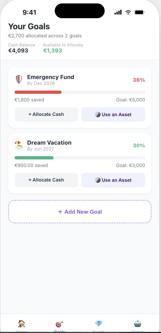 Tally goals screen: emergency fund and savings goal progress